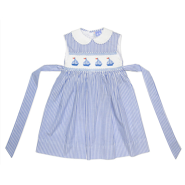 Bella Pin Stripe Sailboat Smock Dress - Cou Cou Baby