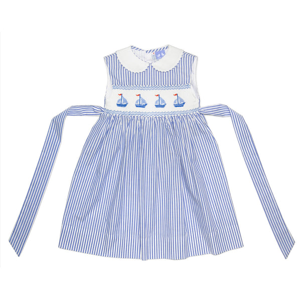 Bella Pin Stripe Sailboat Smock Dress | Cou Cou Baby Bella Pin Stripe Sailboat Smock Dress | Cou Cou Baby