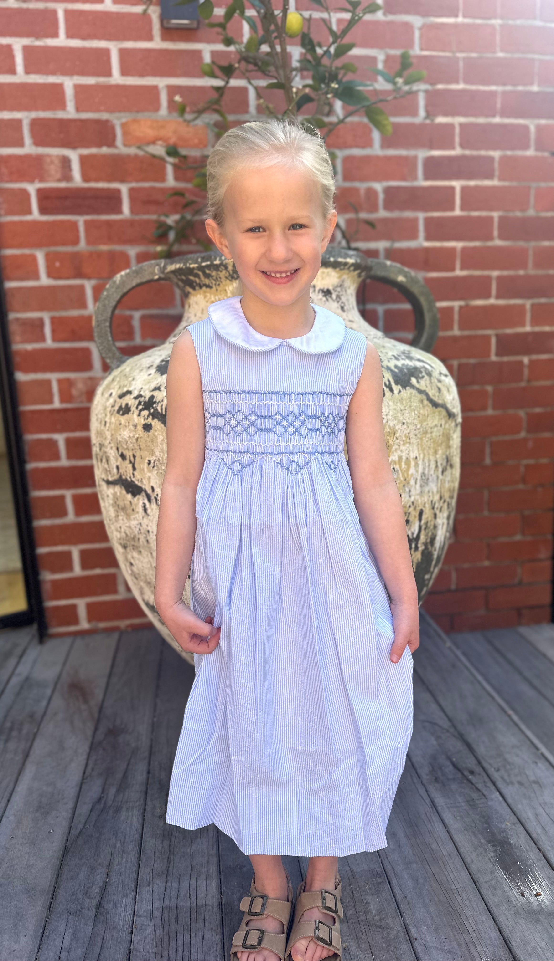 Bella Pale Blue And White Pin Stripe Smock Dress - Cou Cou Baby