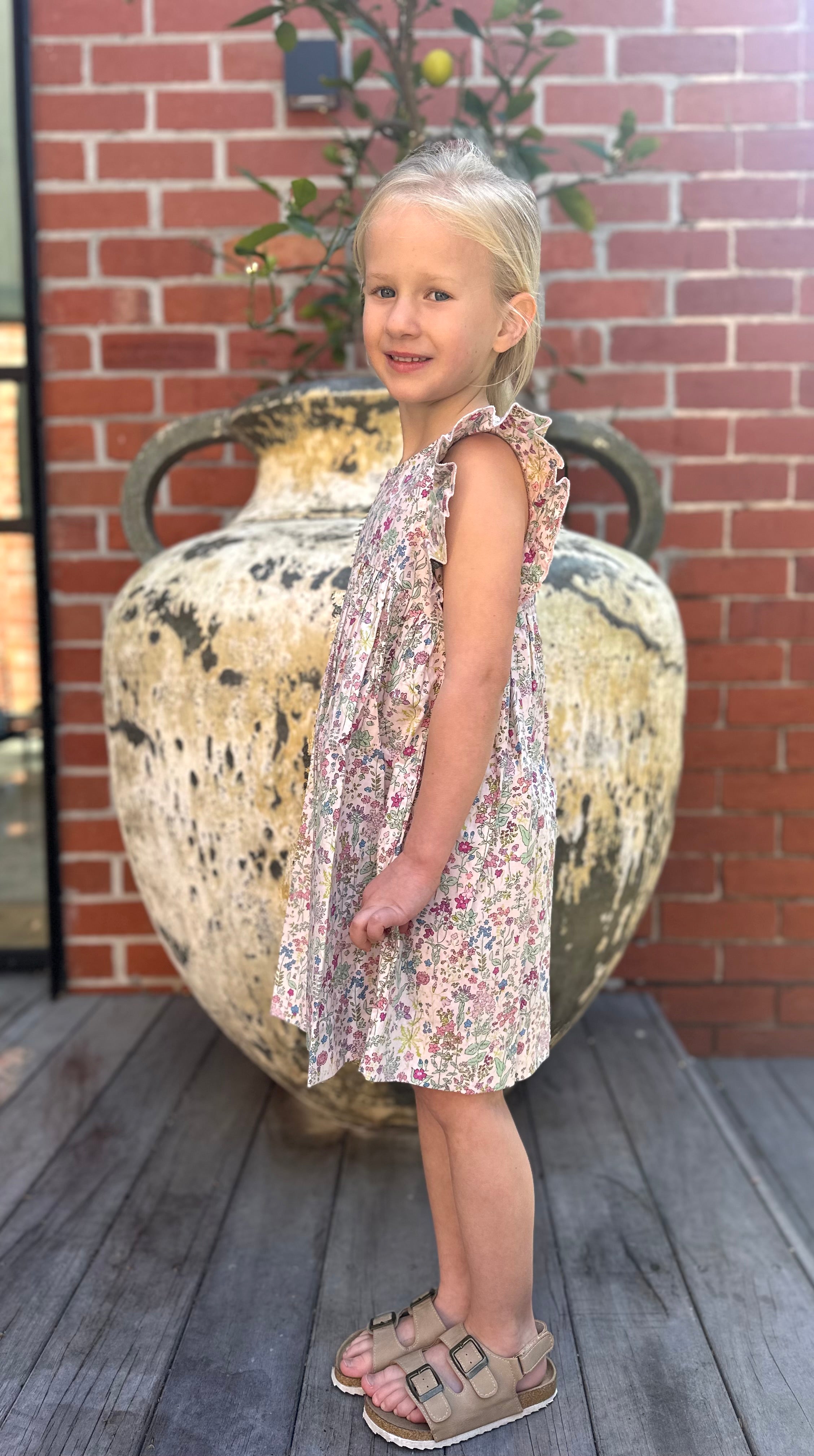 Frill Sleeve Dress In Pale Pink Floral - Cou Cou Baby