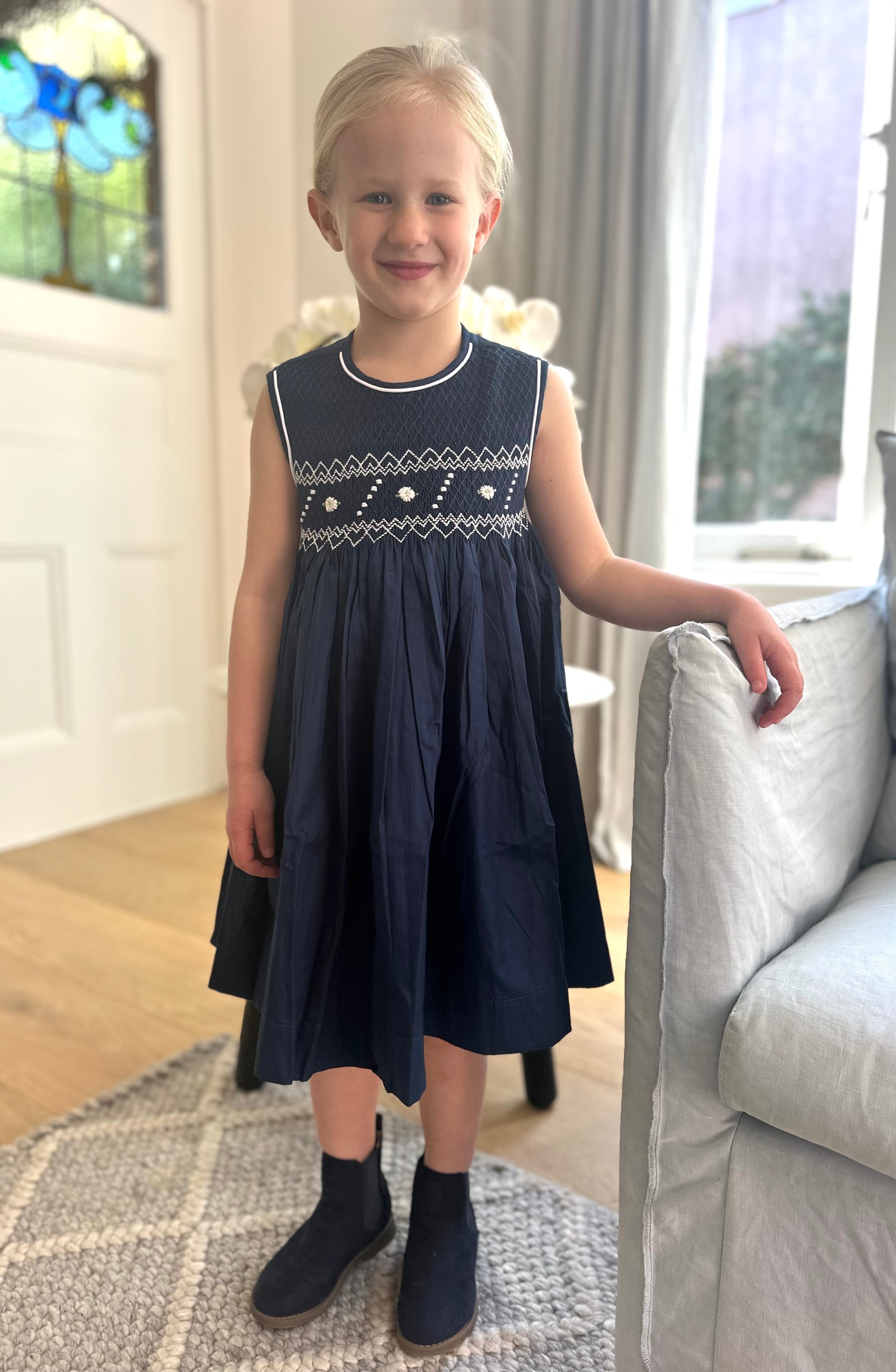 Bella Navy Rose Smock Dress - Cou Cou Baby