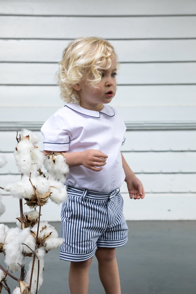 Denim Stripe Shorts In Navy And White - Cou Cou Baby
