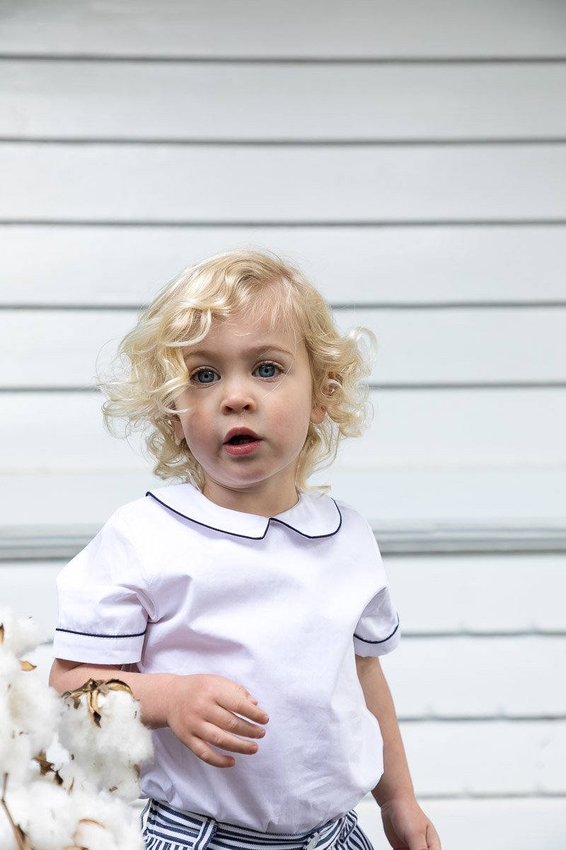 Boys White Collared Shirt With Navy Trim - Cou Cou Baby