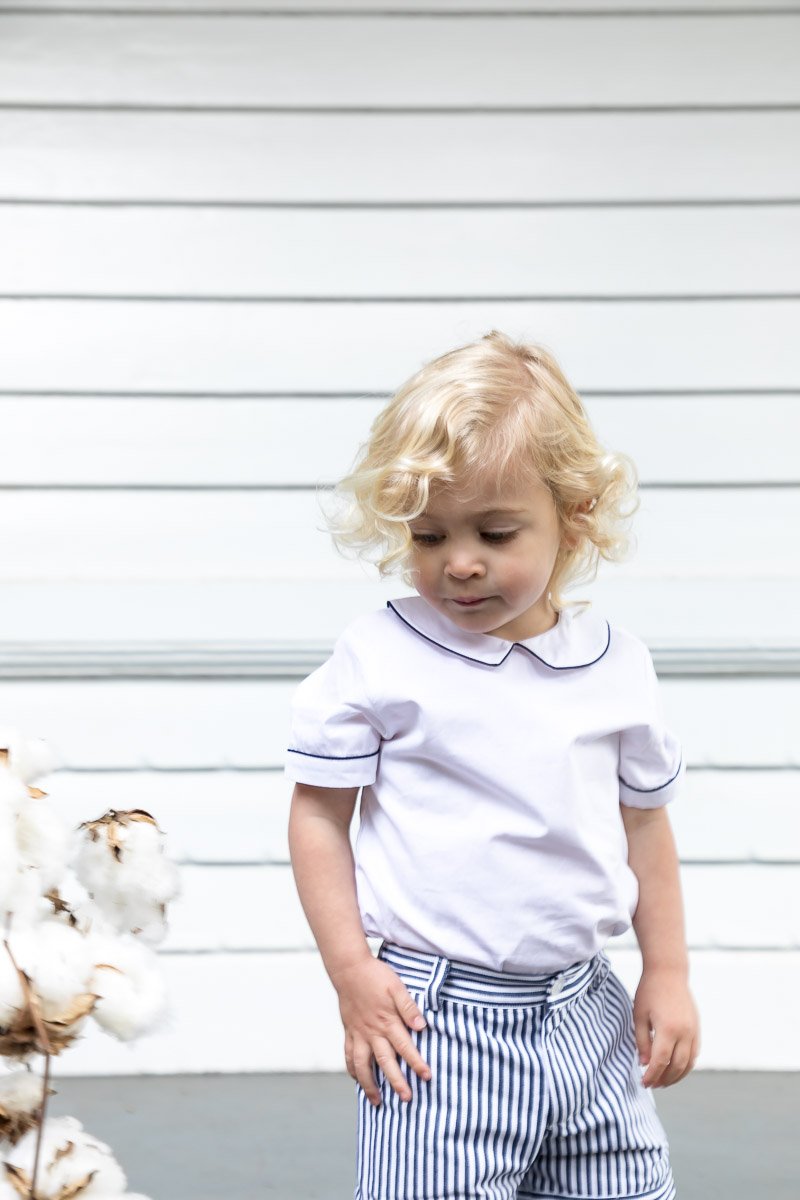 Boys White Collared Shirt With Navy Trim - Cou Cou Baby