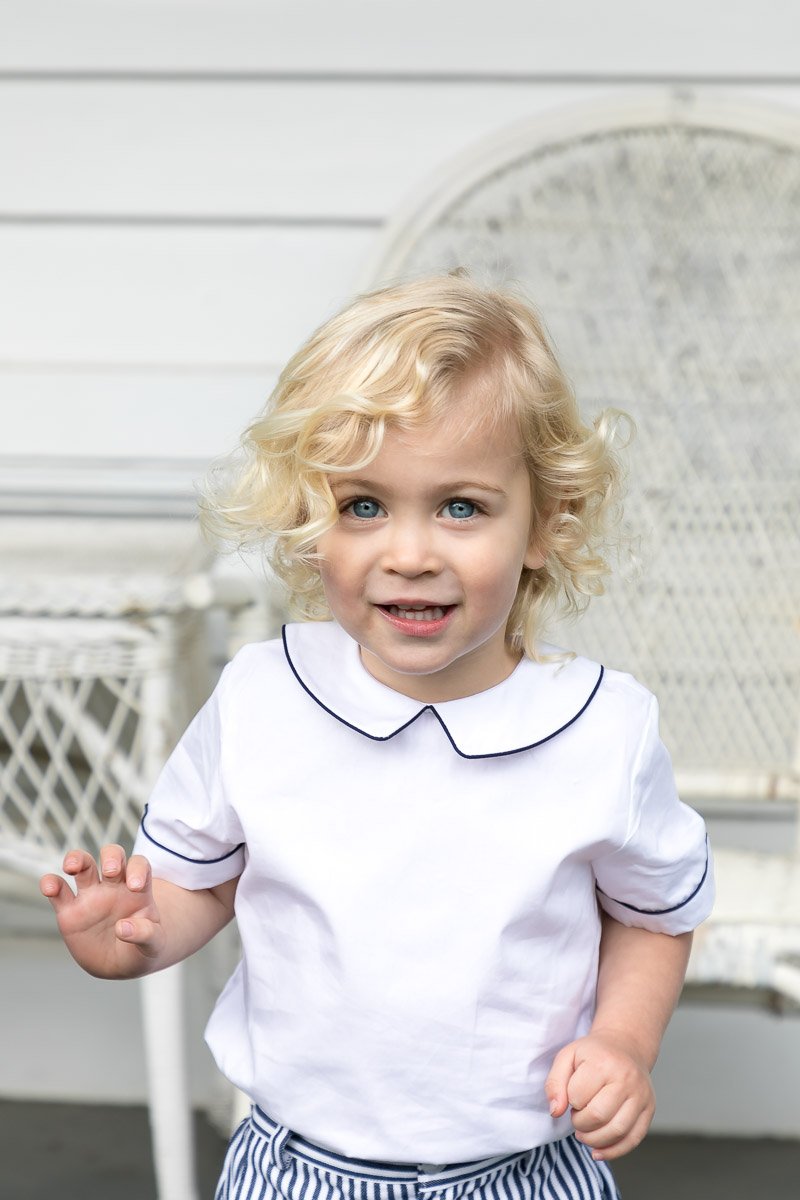 Boys White Collared Shirt With Navy Trim - Cou Cou Baby