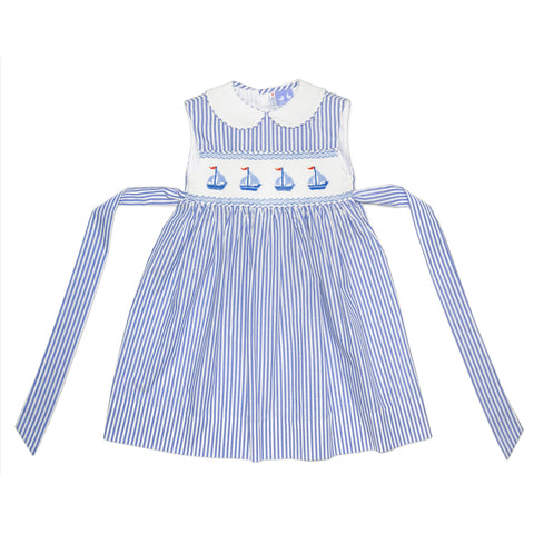 Bella Pin Stripe Sailboat Smock Dress - Cou Cou Baby