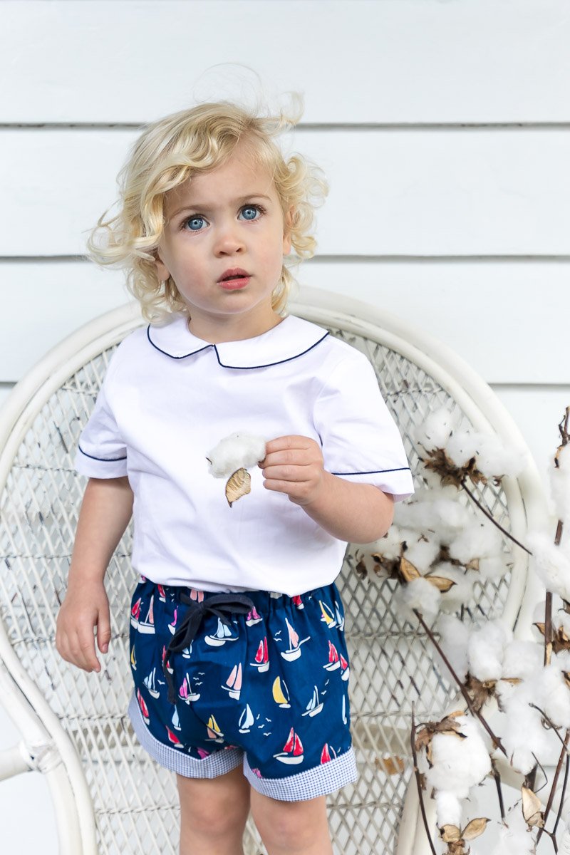 Boys White Collared Shirt With Navy Trim - Cou Cou Baby