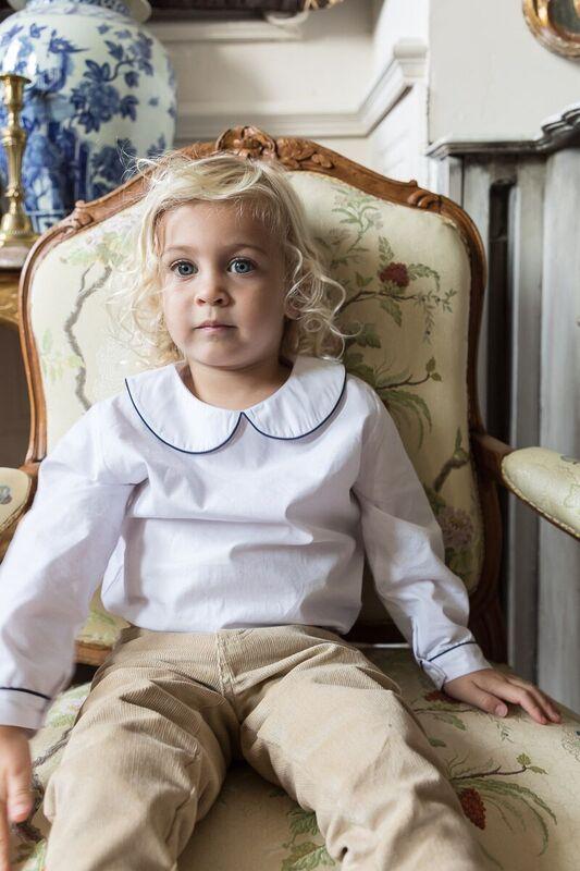 Boys White Collared Long Sleeve Shirt With Navy Trim - Cou Cou Baby