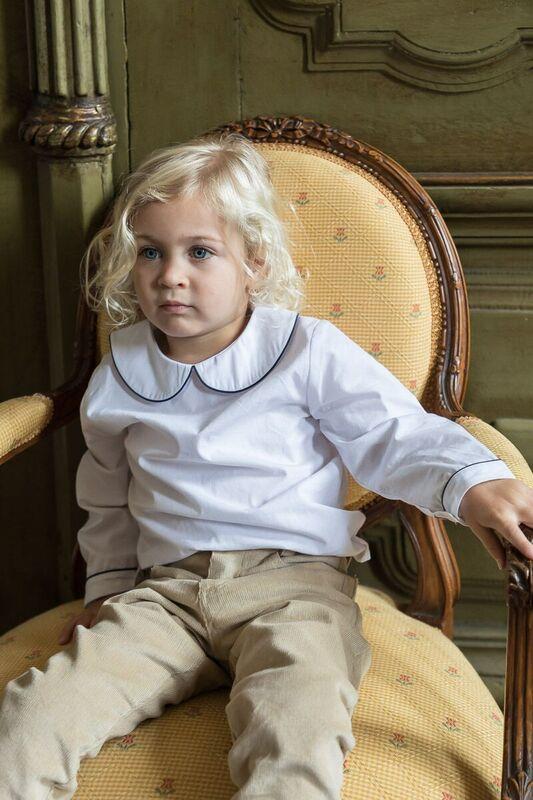 Boys White Collared Long Sleeve Shirt With Navy Trim - Cou Cou Baby