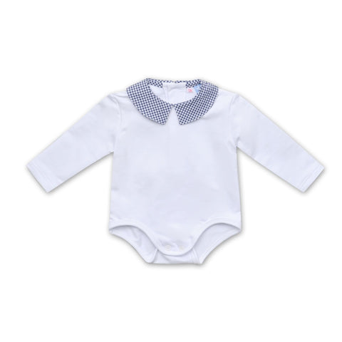 Boys Long Sleeve Navy Gingham Collared Romper - Cou Cou Baby