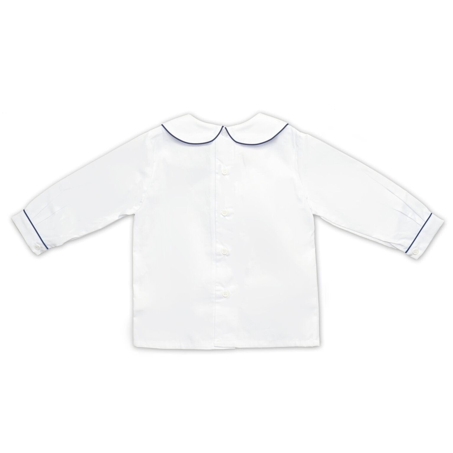 Boys White Collared Long Sleeve Shirt With Navy Trim - Cou Cou Baby
