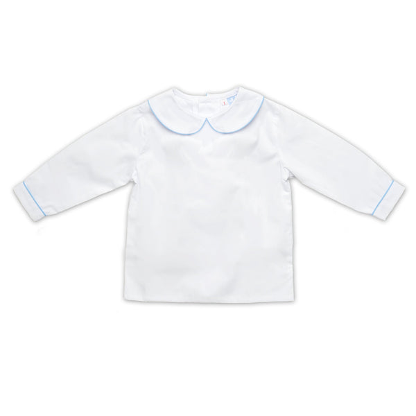 Boys White Collared Long Sleeve Shirt With Pale Blue Trim - Cou Cou Baby