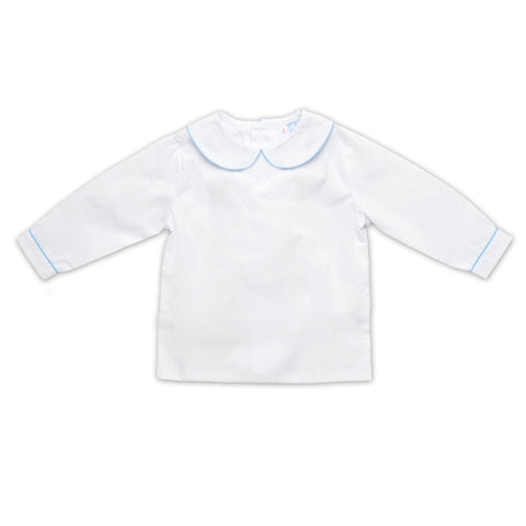 Boys White Collared Long Sleeve Shirt With Pale Blue Trim - Cou Cou Baby