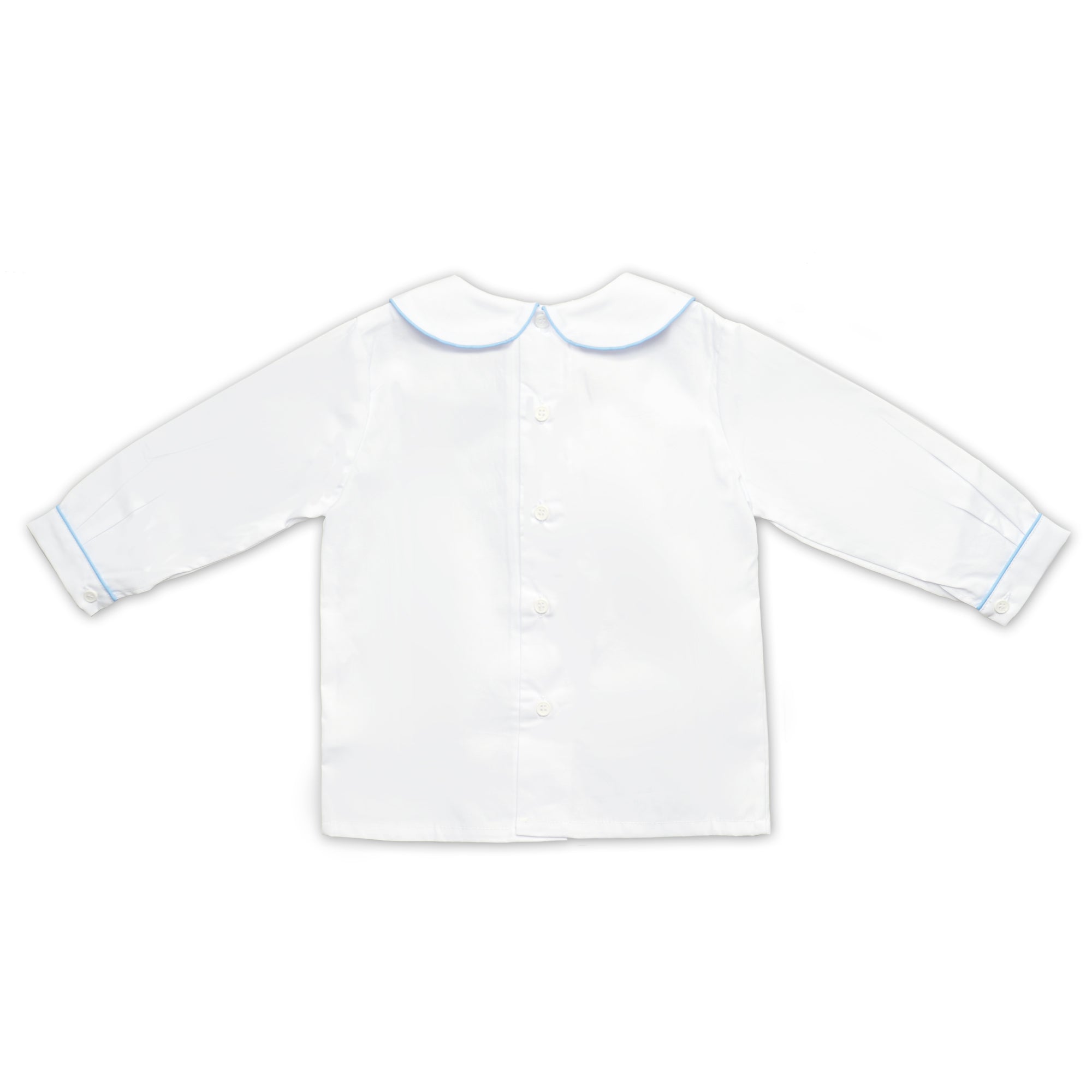 Boys White Collared Long Sleeve Shirt With Pale Blue Trim - Cou Cou Baby